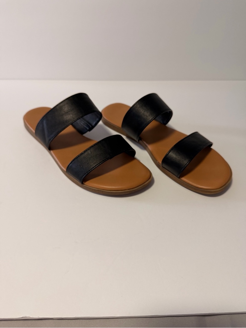 LC Lauren Conrad Black Double-Strap Slide Sandals with Tan Footbed